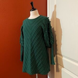 Avantlook‎ Women’s Pom Balloon Puff Sleeve Green Knit Mini Sweater Shift Dress
